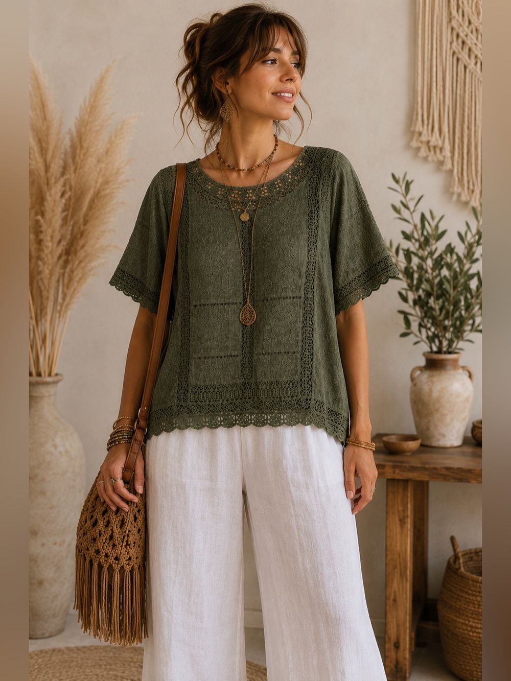Democracy Crochet Lace Boho Top Olive Green Size Large